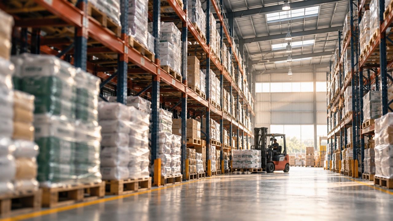 Low-angle industrial warehouse aisle with tall pallet racks, wrapped inventory and warm natural light
